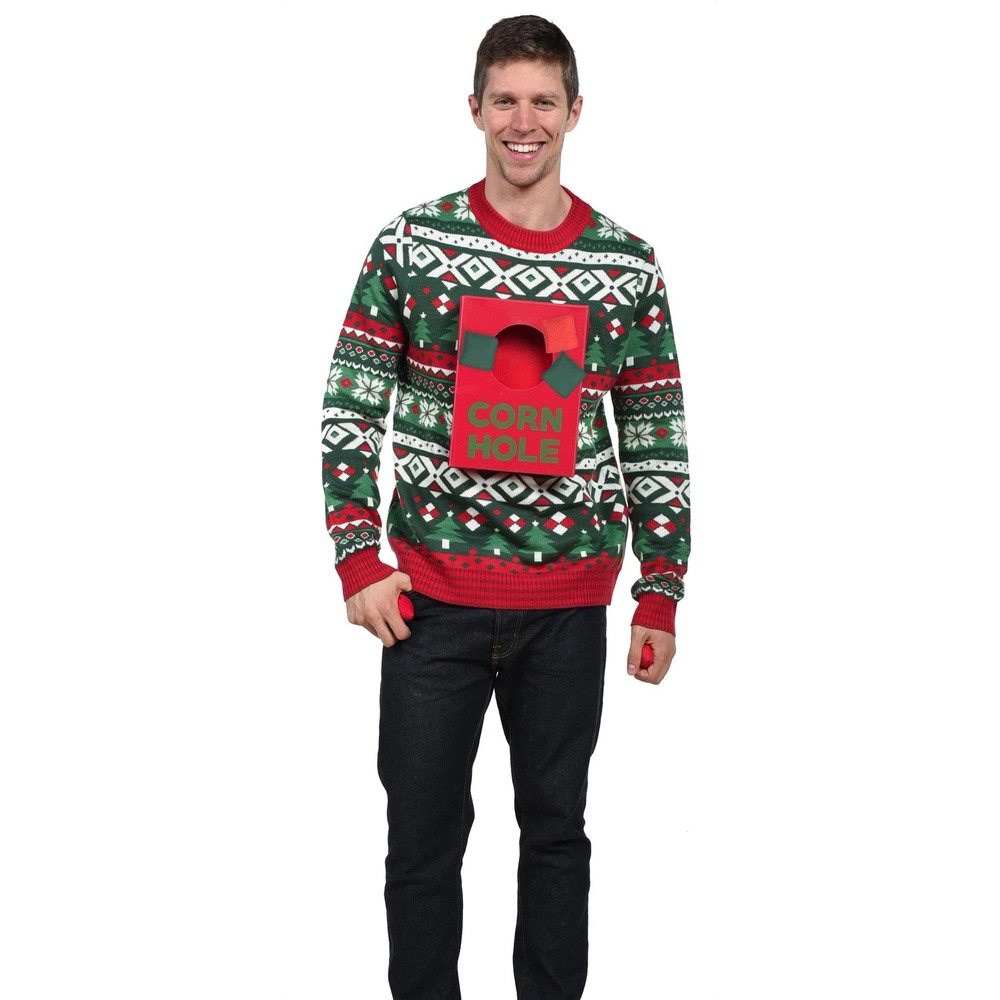 Tipsy Elves Mens Cornhole Interactive Ugly Christmas Sweater Green Red Size L